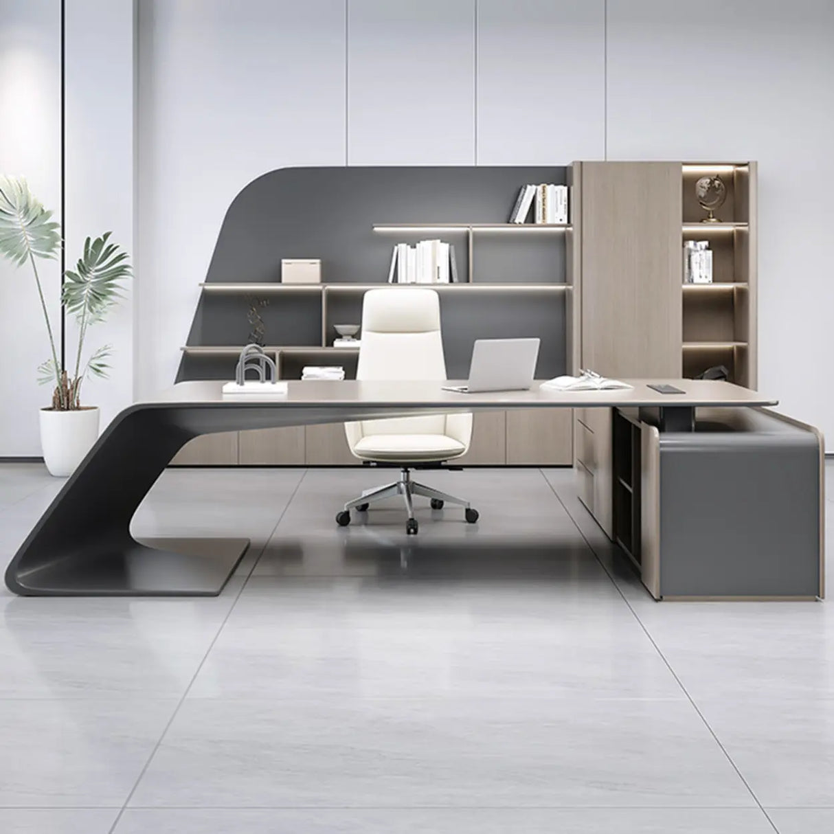 Gray L-Shaped Long Wooden Desk with Shelves and Drawers Image - 3