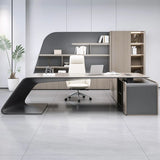 Gray L-Shaped Long Wooden Desk with Shelves and Drawers Image - 3