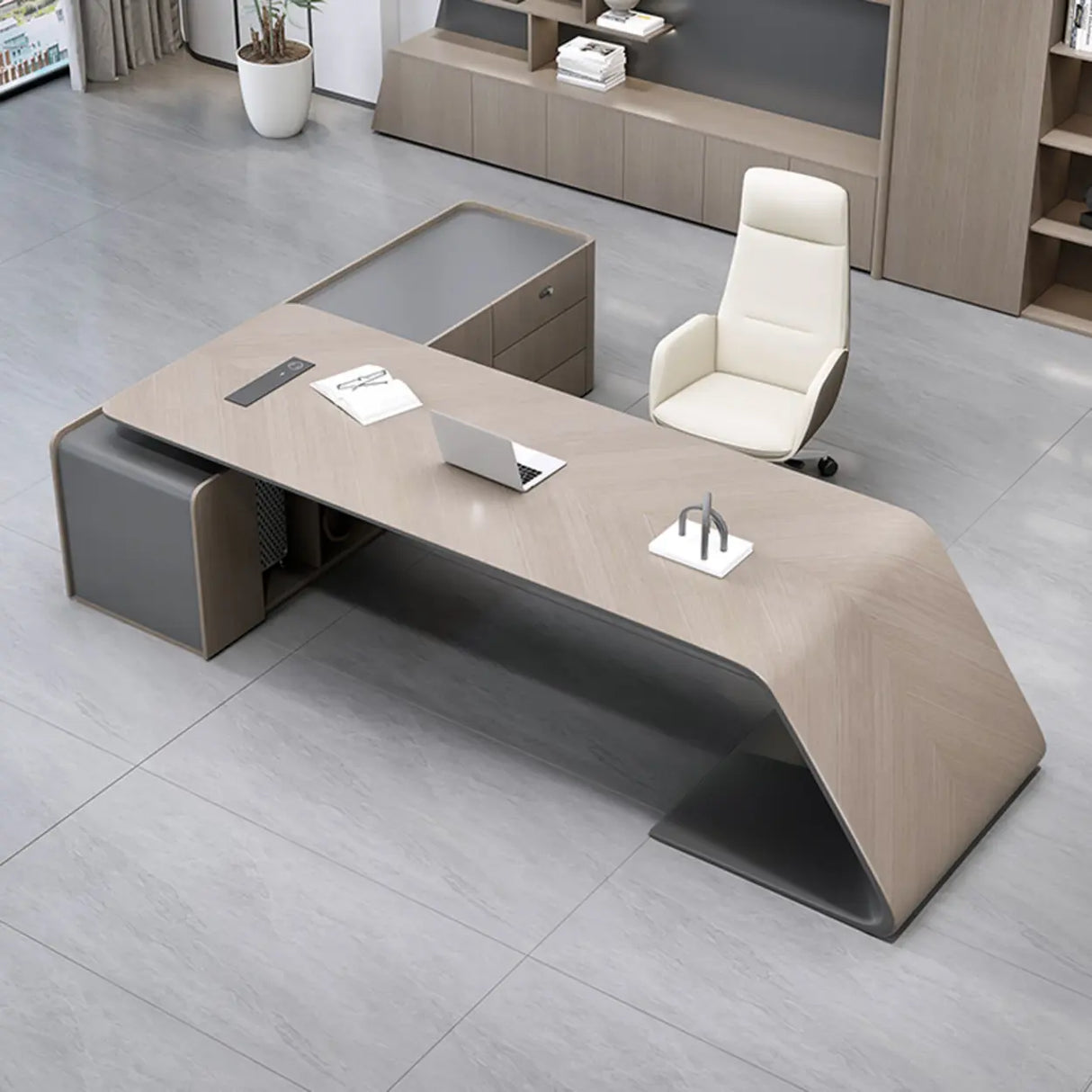 Gray L-Shaped Long Wooden Desk with Shelves and Drawers Image - 4