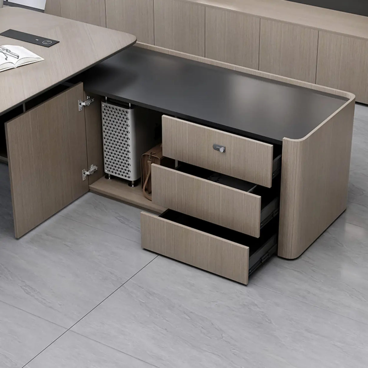 Gray L-Shaped Long Wooden Desk with Shelves and Drawers Image - 5