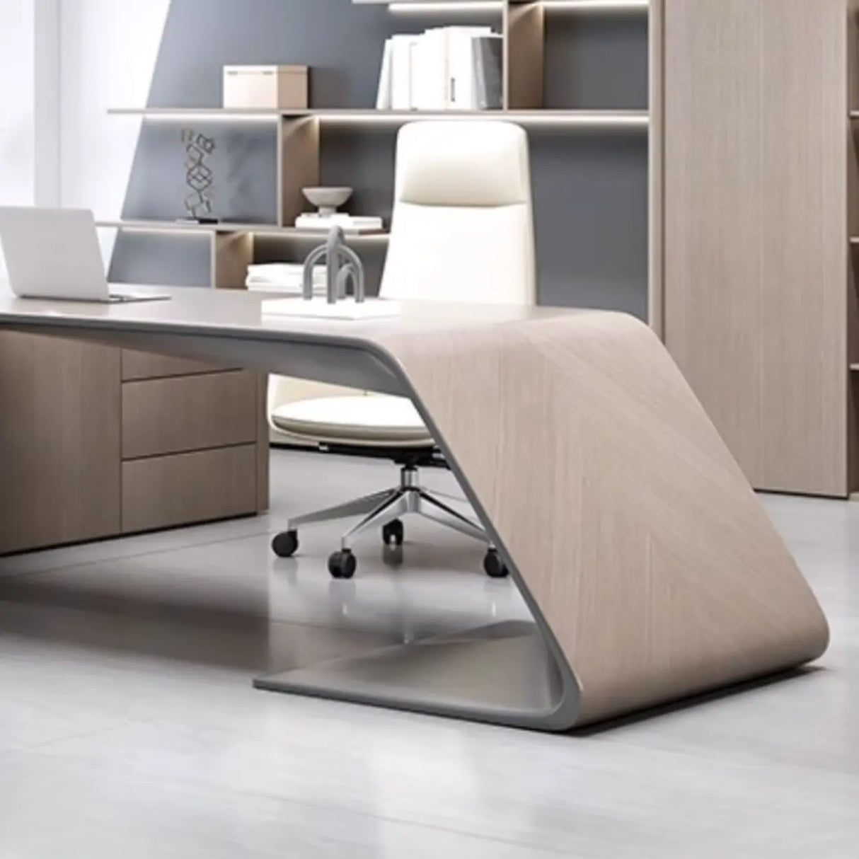 Gray L-Shaped Long Wooden Desk with Shelves and Drawers Image - 6