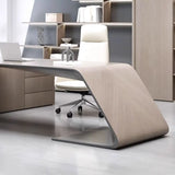 Gray L-Shaped Long Wooden Desk with Shelves and Drawers Image - 6