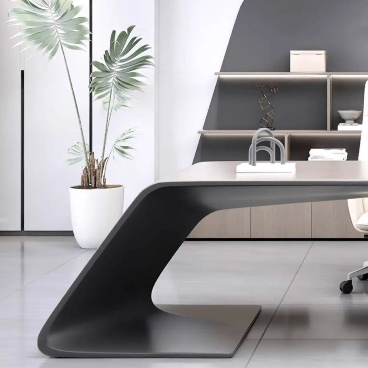 Gray L-Shaped Long Wooden Desk with Shelves and Drawers Image - 9