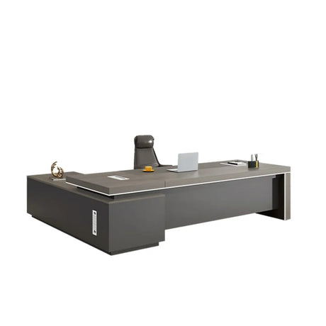 Gray L-Shaped Walnut Desk with Drawers and  Shelves Image - 2