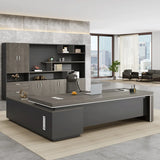 Gray L-Shaped Walnut Desk with Drawers and  Shelves Image - 4