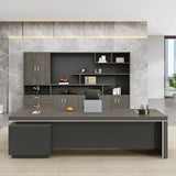 Gray L-Shaped Walnut Desk with Drawers and  Shelves Image - 5