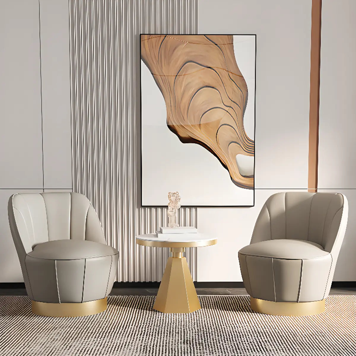 Gray Leather Striped Curved Back Swivel Accent Chair Image - 1