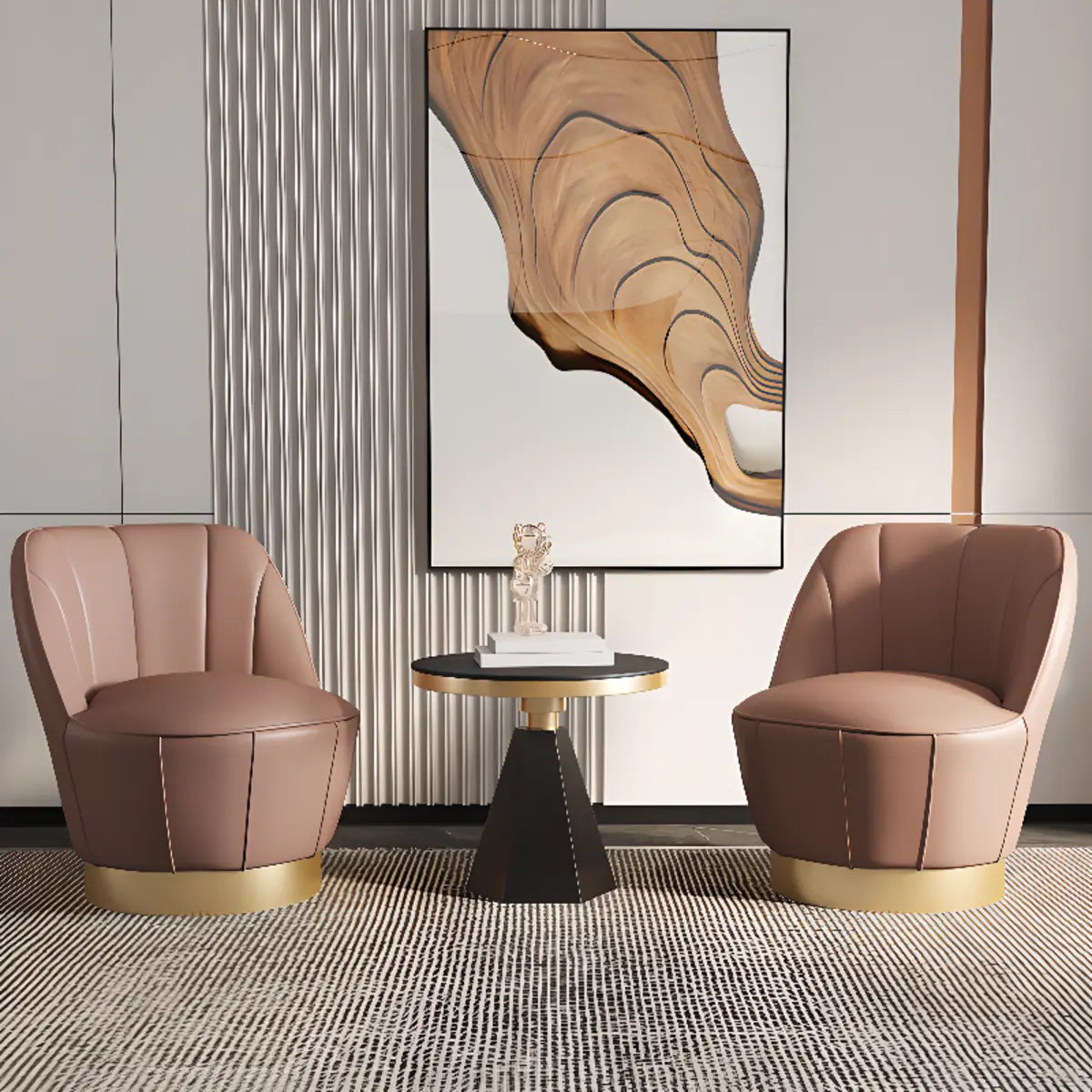 Gray Leather Striped Curved Back Swivel Accent Chair Image - 8