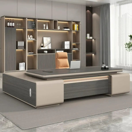 Gray Long Deep L-Shaped Walnut Desk with Drawers and Storage Image - 1