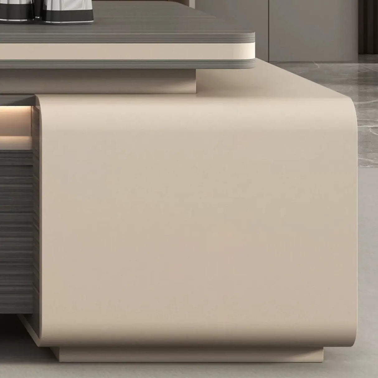 Gray Long Deep L-Shaped Walnut Desk with Drawers and Storage Image - 10