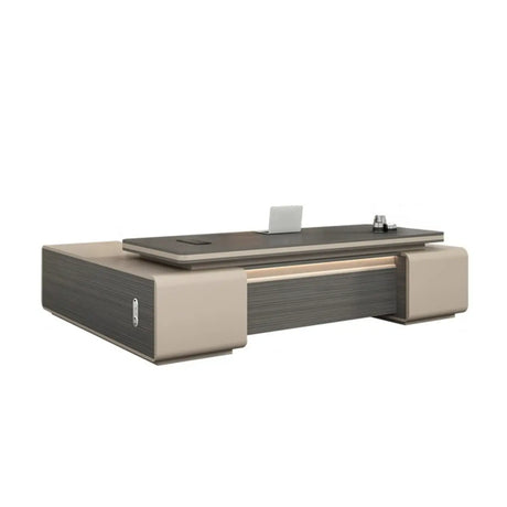 Gray Long Deep L-Shaped Walnut Desk with Drawers and Storage Image - 2