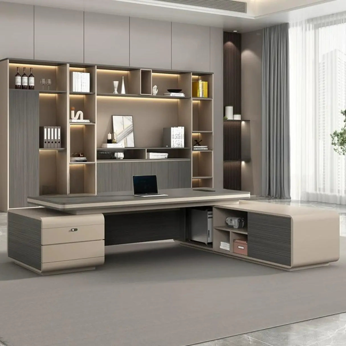 Gray Long Deep L-Shaped Walnut Desk with Drawers and Storage Image - 3