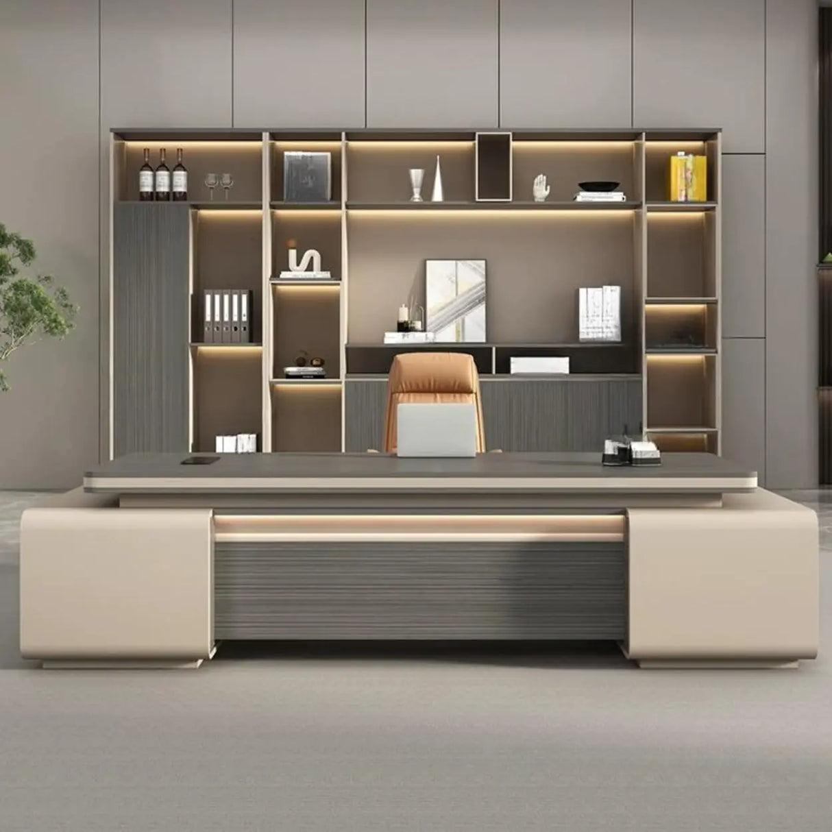 Gray Long Deep L-Shaped Walnut Desk with Drawers and Storage Image - 4