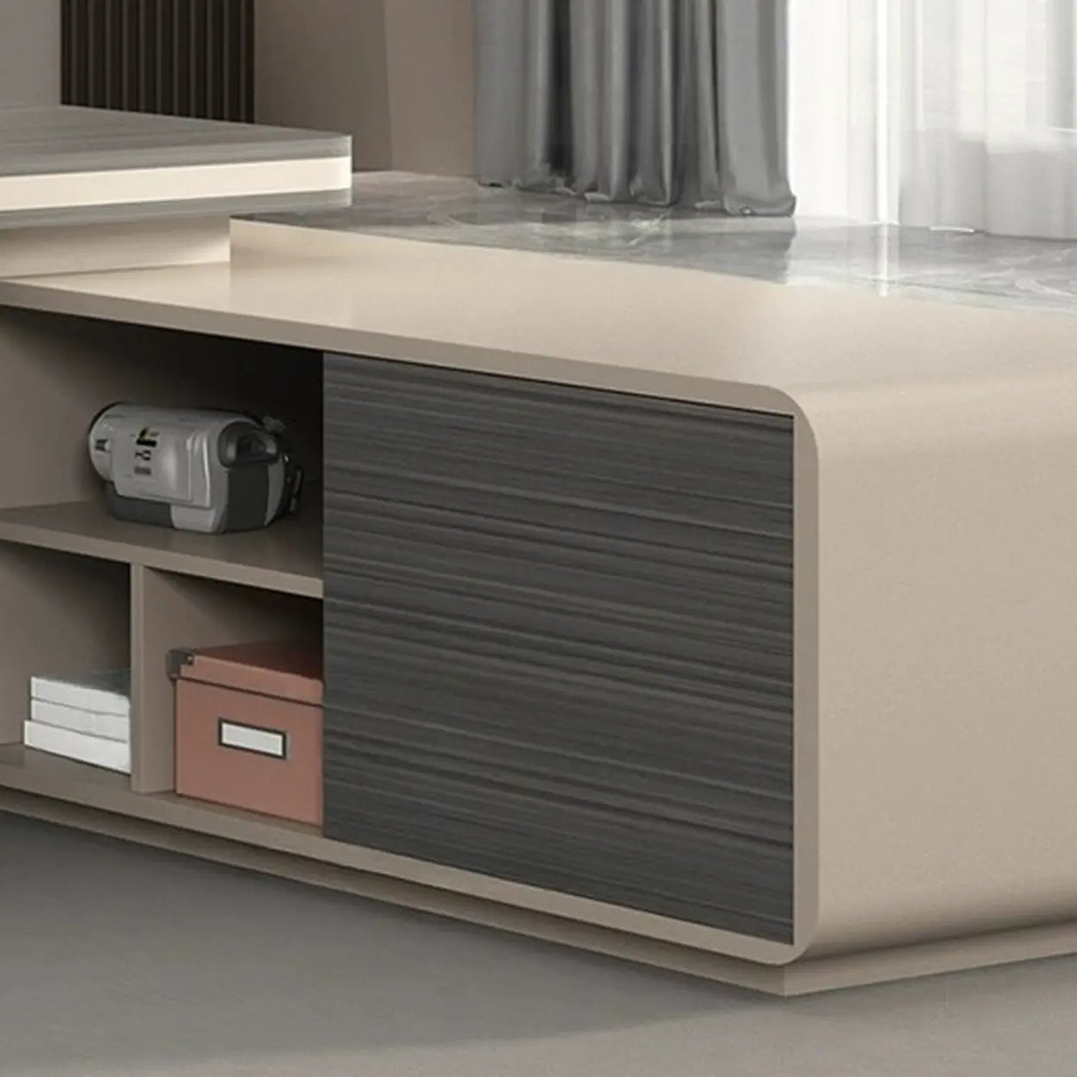 Gray Long Deep L-Shaped Walnut Desk with Drawers and Storage Image - 7