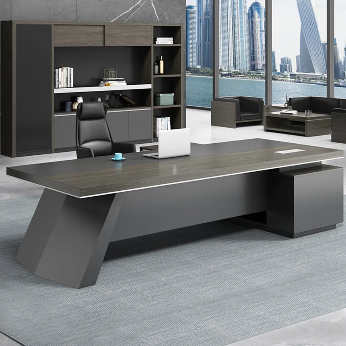 Gray Long Deep Wooden Desk with Drawers and Shelves Image - 1