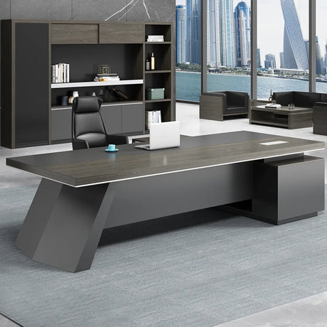 Gray Long Deep Wooden Desk with Drawers and Shelves Image - 1