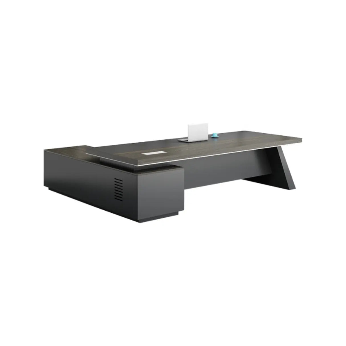 Gray Long Deep Wooden Desk with Drawers and Shelves Image - 2