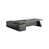 Gray Long Deep Wooden Desk with Drawers and Shelves Image - 2