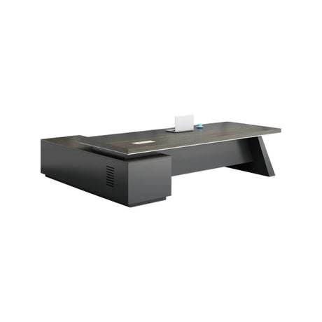 Gray Long Deep Wooden Desk with Drawers and Shelves Image - 2