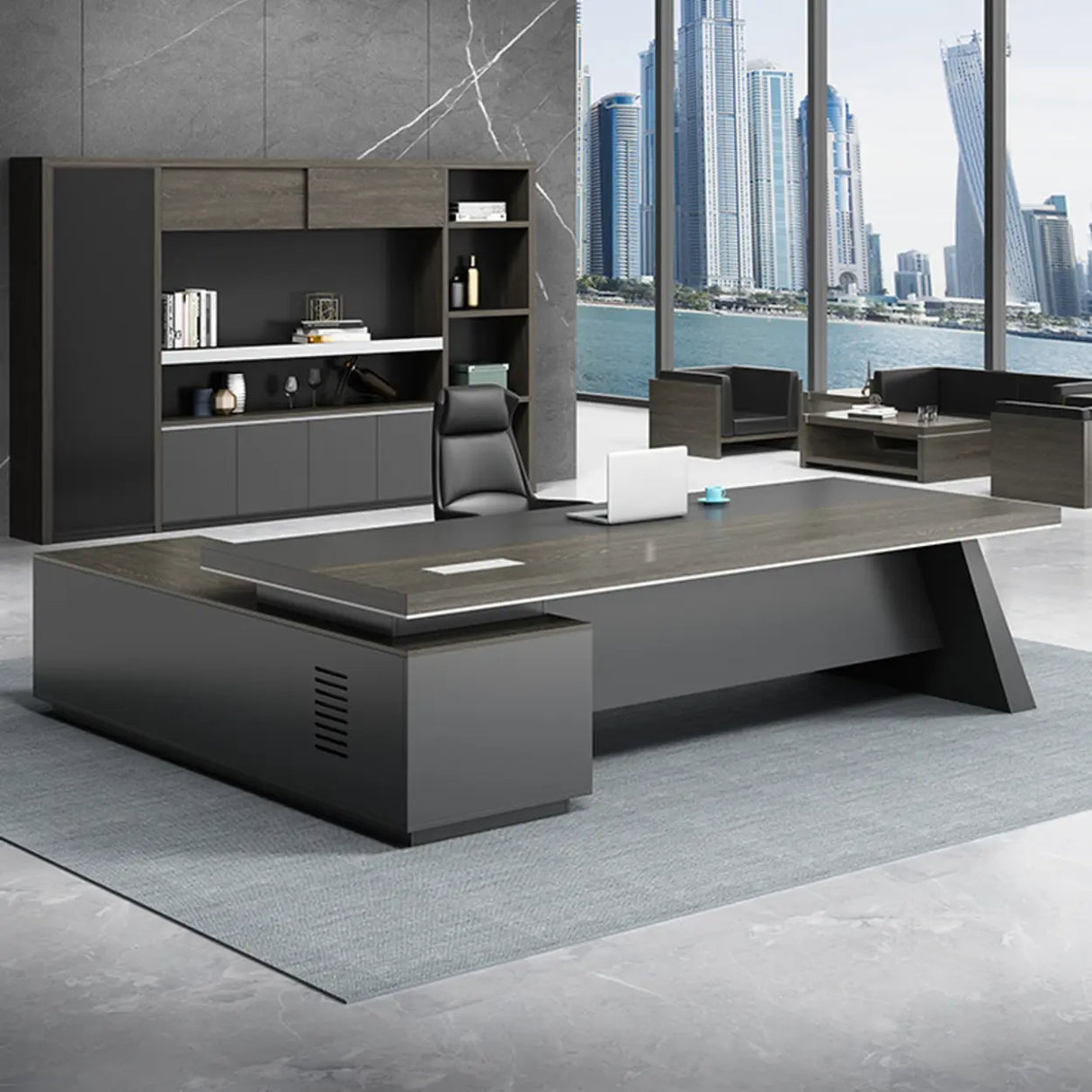 Gray Long Deep Wooden Desk with Drawers and Shelves Image - 3