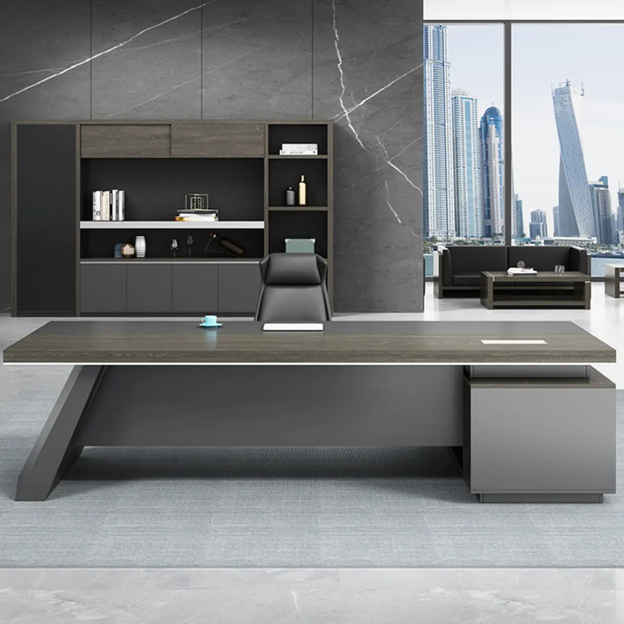 Gray Long Deep Wooden Desk with Drawers and Shelves Image - 4