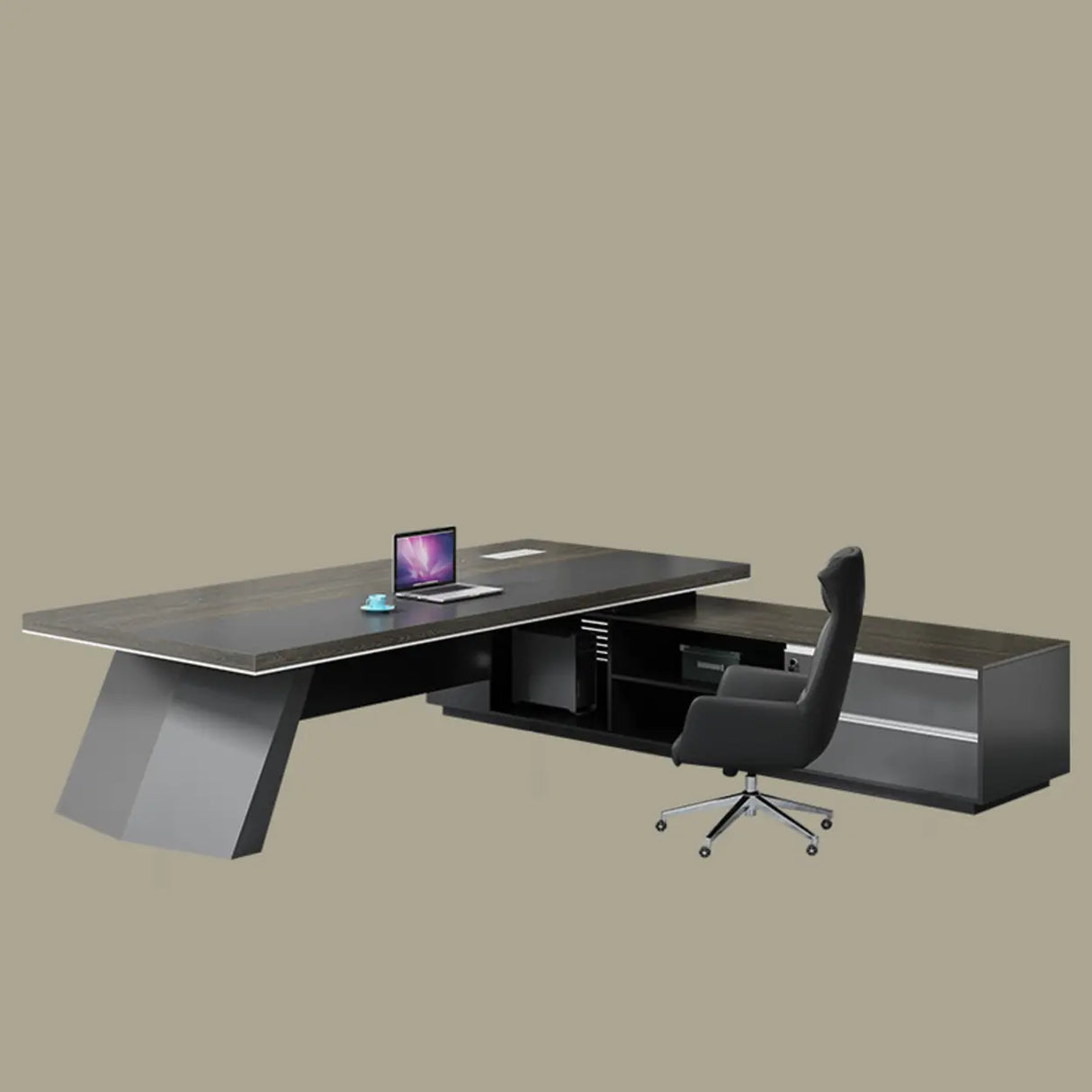 Gray Long Deep Wooden Desk with Drawers and Shelves Image - 5