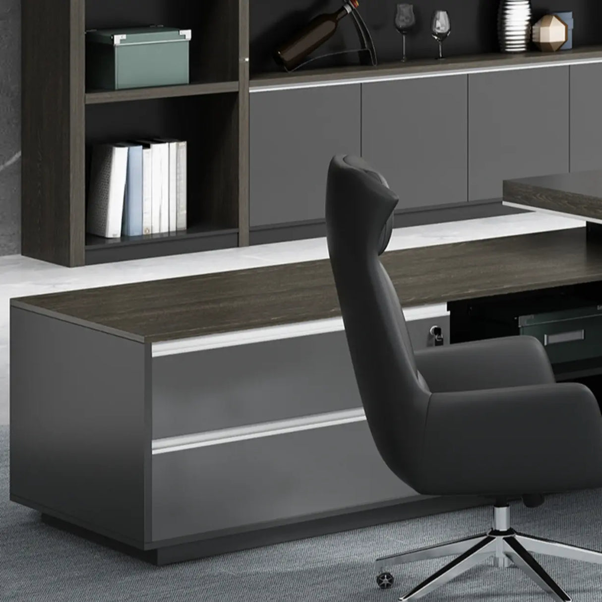 Gray Long Deep Wooden Desk with Drawers and Shelves Image - 7