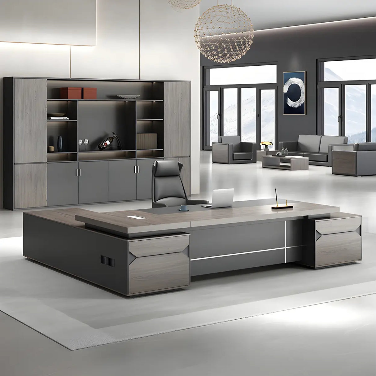 Gray Long Length Executive Desk with Cable Management Image - 1