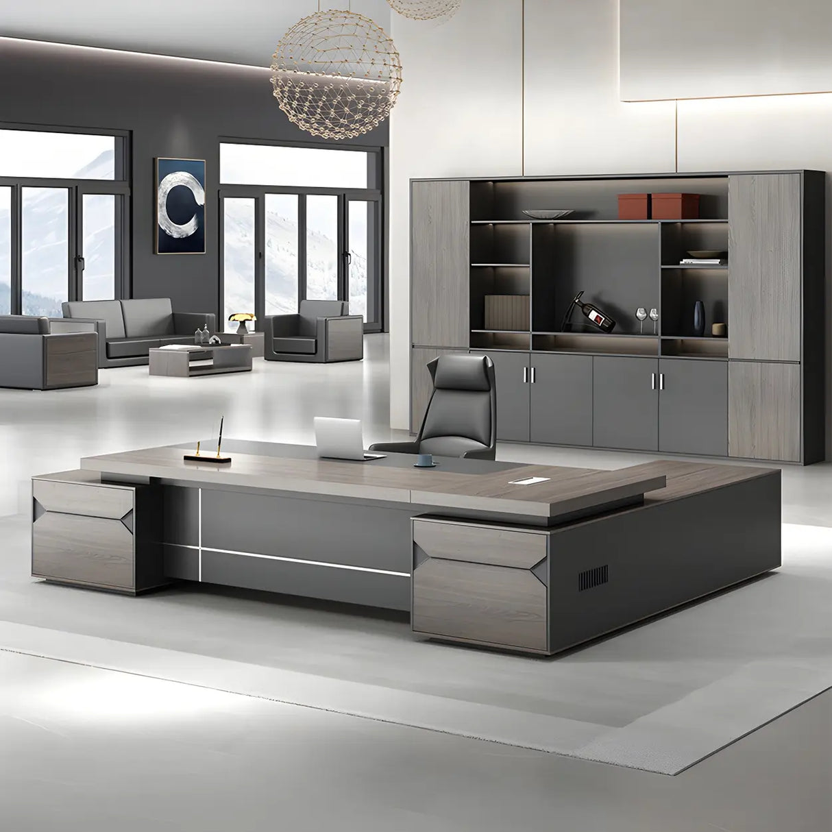 Gray Long Length Executive Desk with Cable Management Image - 2