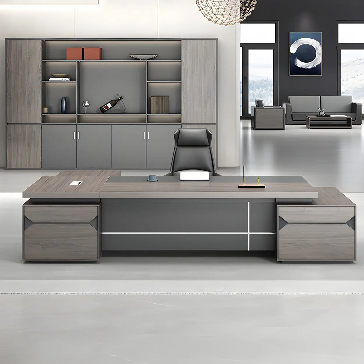 Gray Long Length Executive Desk with Cable Management Image - 4