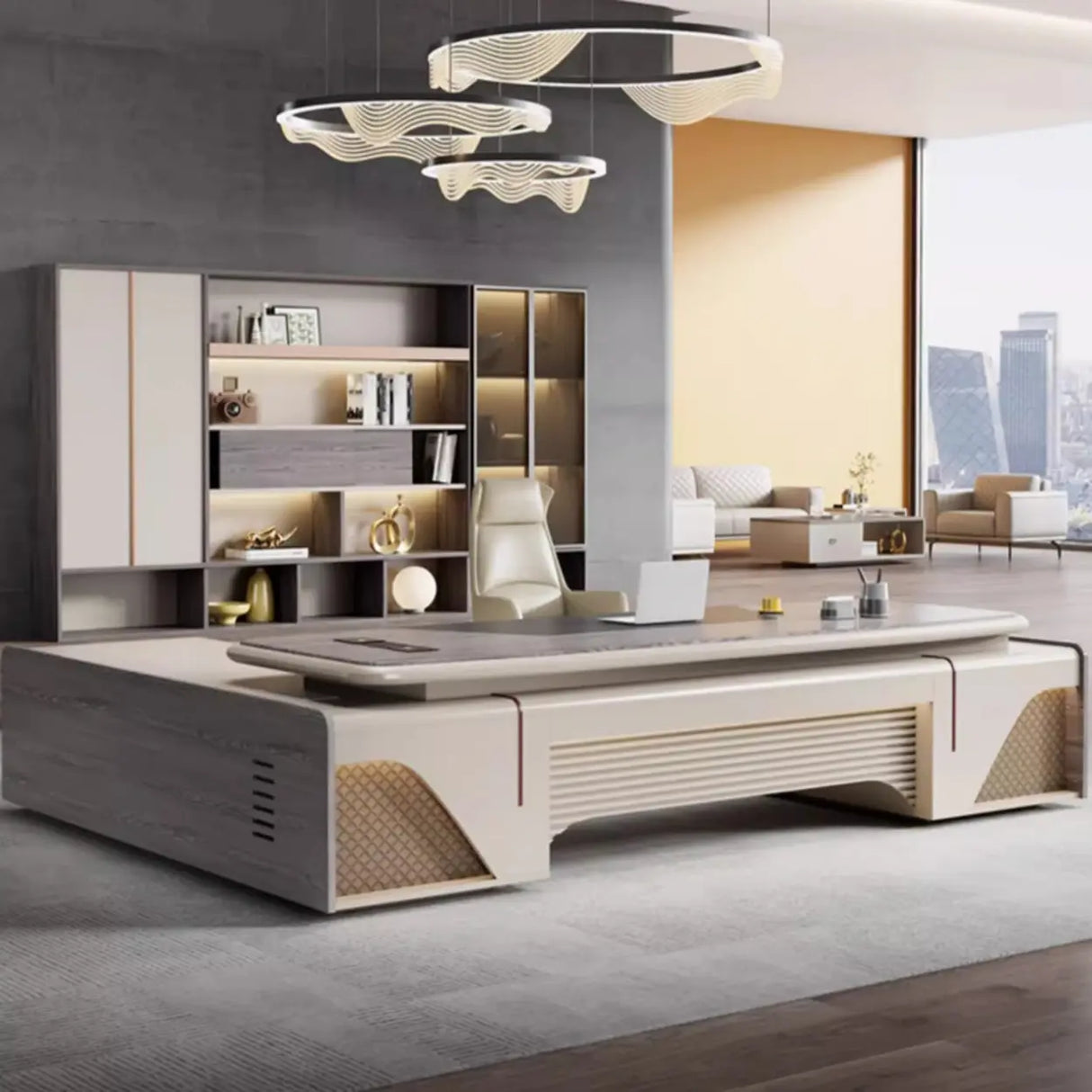 Gray Long Wood L-Shaped Desk with Shelves and Cabinets Image - 1