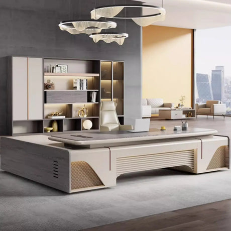 Gray Long Wood L-Shaped Desk with Shelves and Cabinets Image - 1