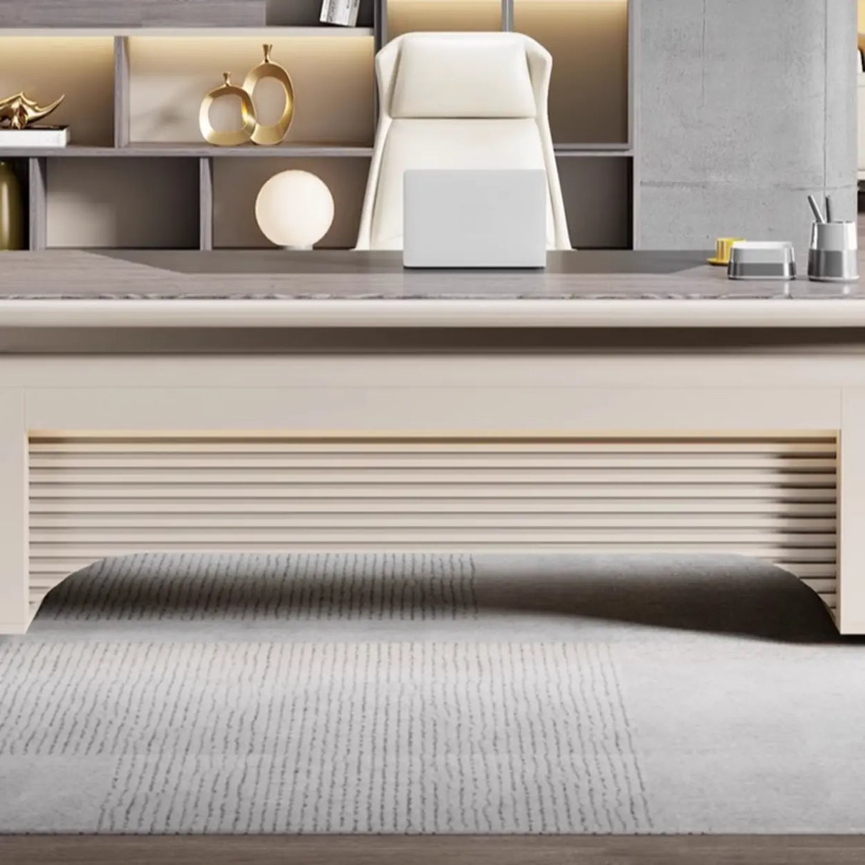 Gray Long Wood L-Shaped Desk with Shelves and Cabinets Image - 9