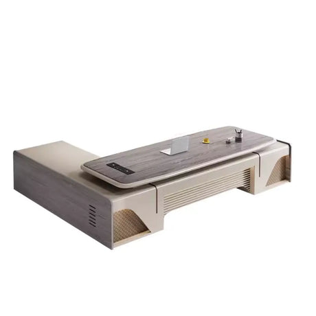 Gray Long Wood L-Shaped Desk with Shelves and Cabinets Image - 2