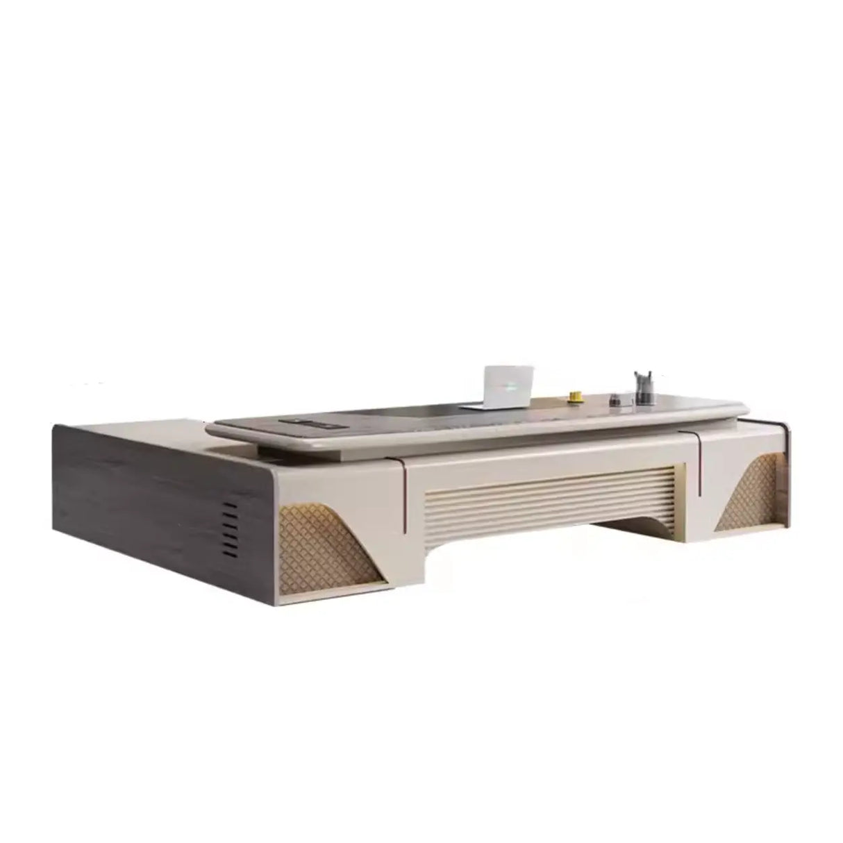 Gray Long Wood L-Shaped Desk with Shelves and Cabinets Image - 3
