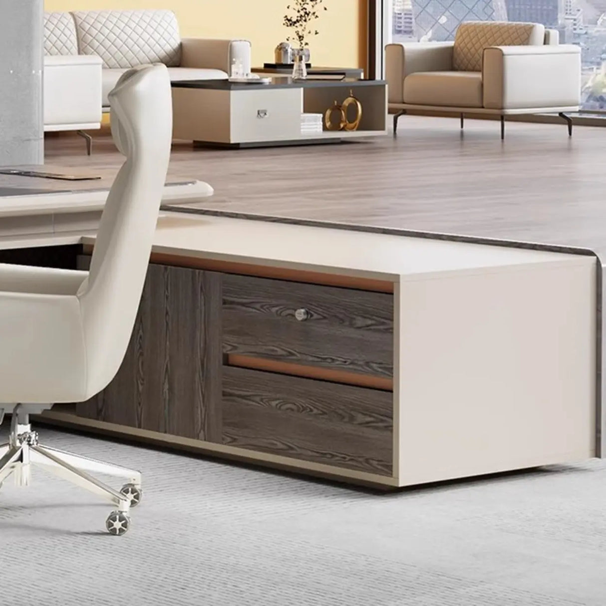 Gray Long Wood L-Shaped Desk with Shelves and Cabinets Image - 11