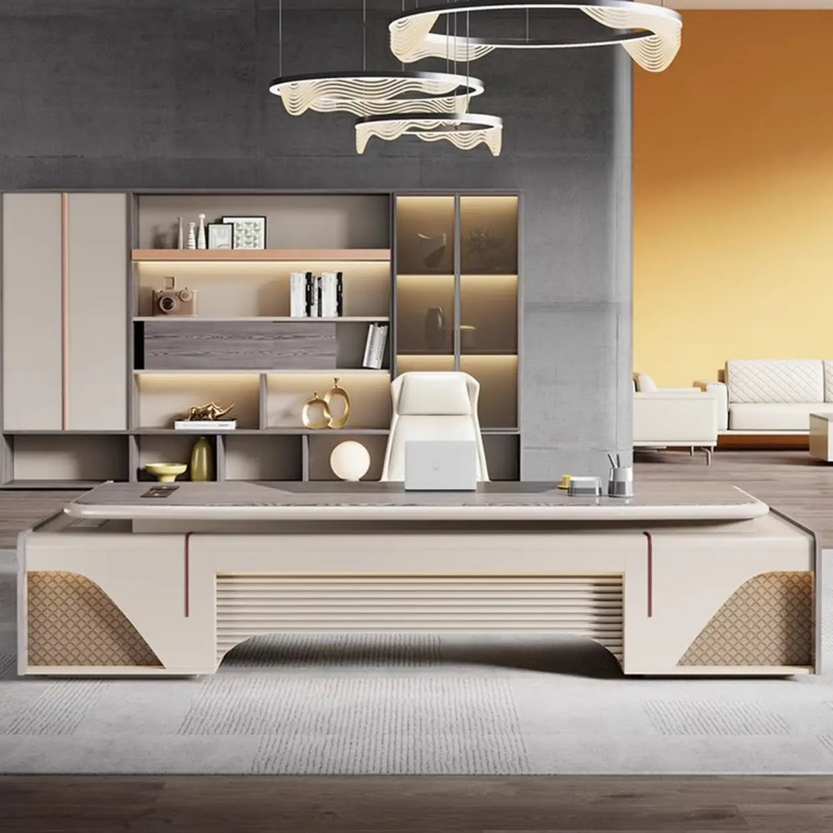 Gray Long Wood L-Shaped Desk with Shelves and Cabinets Image - 4
