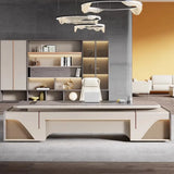 Gray Long Wood L-Shaped Desk with Shelves and Cabinets Image - 4