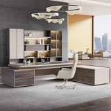 Gray Long Wood L-Shaped Desk with Shelves and Cabinets Image - 5