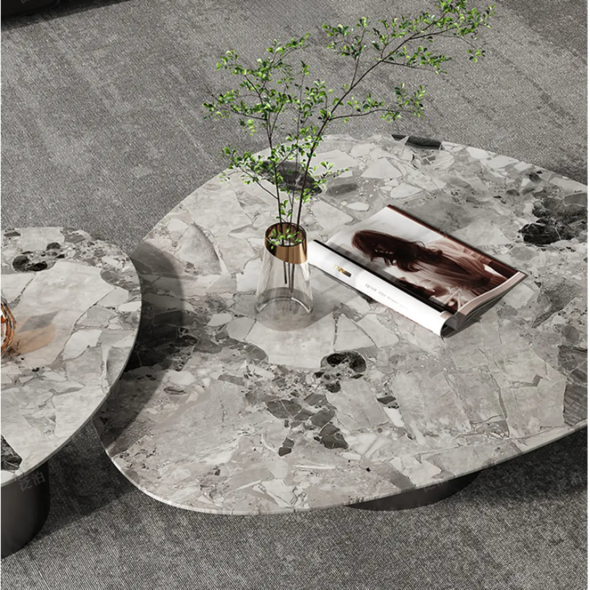 Gray Marble Triangle Stainless Steel Base Coffee Table Image - 8