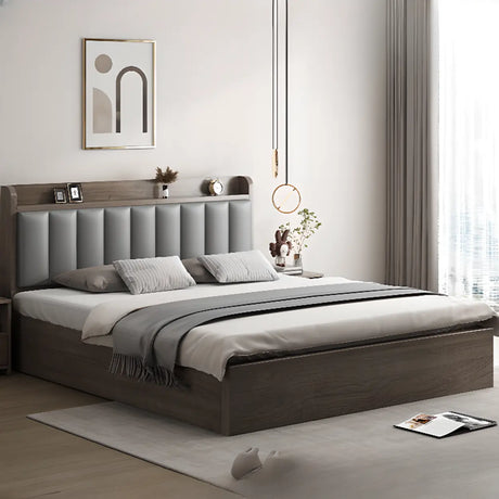 Gray Oak Queen Wood Upholstery Headboard Open-Frame Bed Image - 1