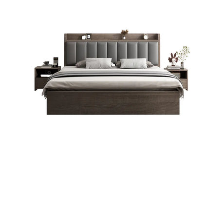 Gray Oak Queen Wood Upholstery Headboard Open-Frame Bed Image - 2