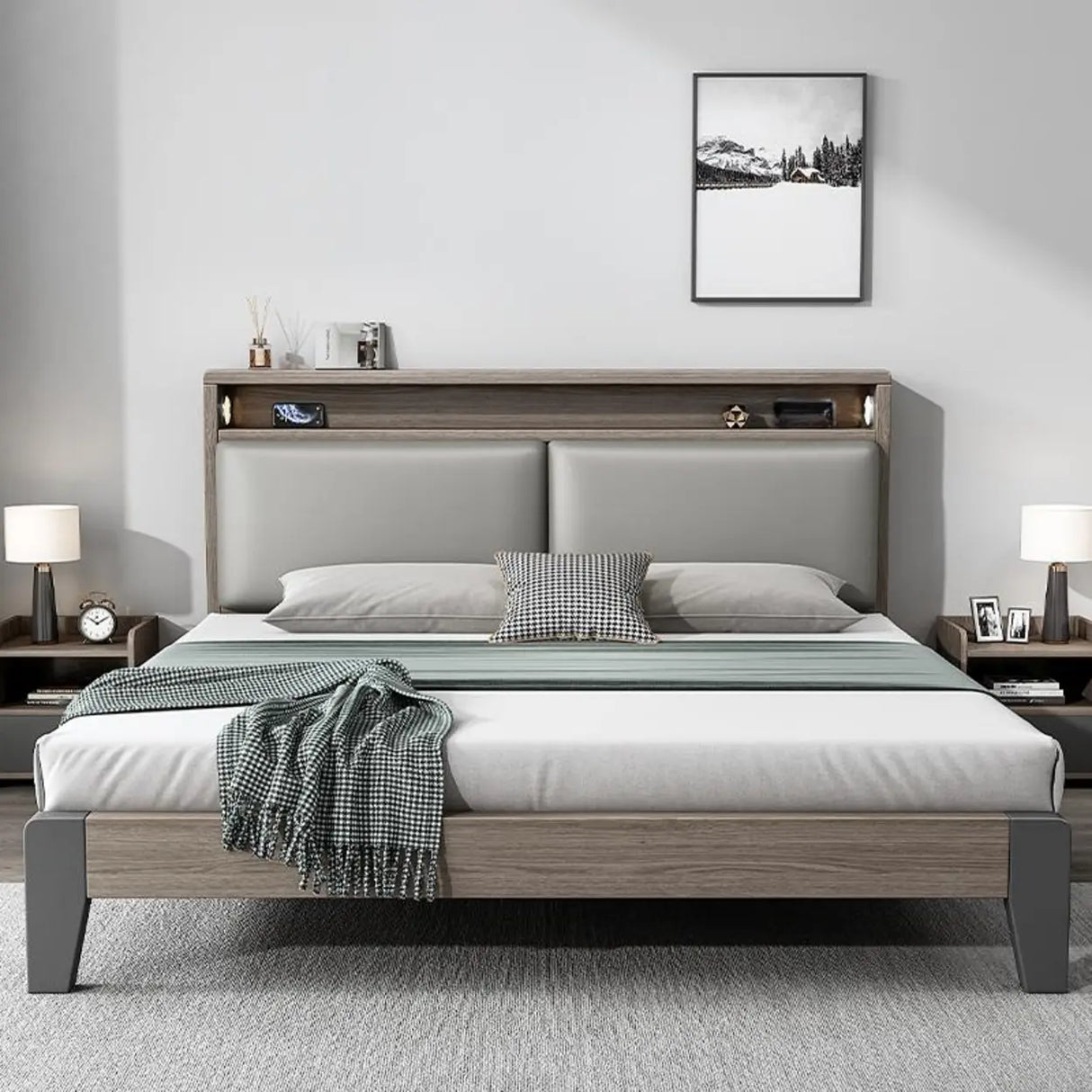 Gray Queen Platform Wood Storage Bed with Mattress Image - 3
