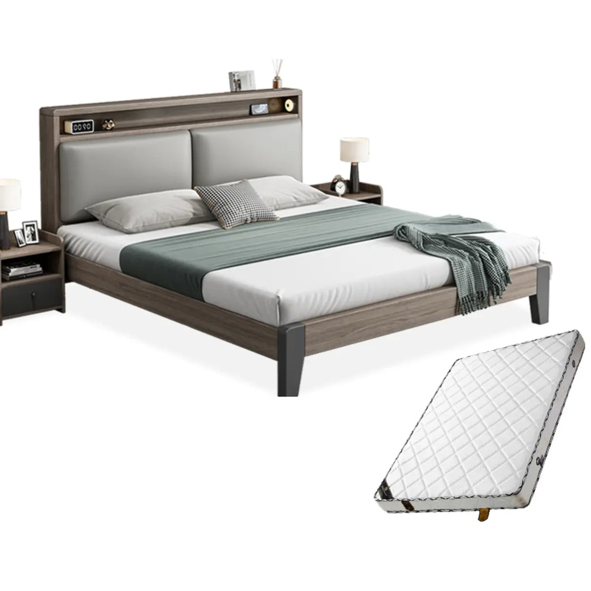 Gray Queen Platform Wood Storage Bed with Mattress Image - 9