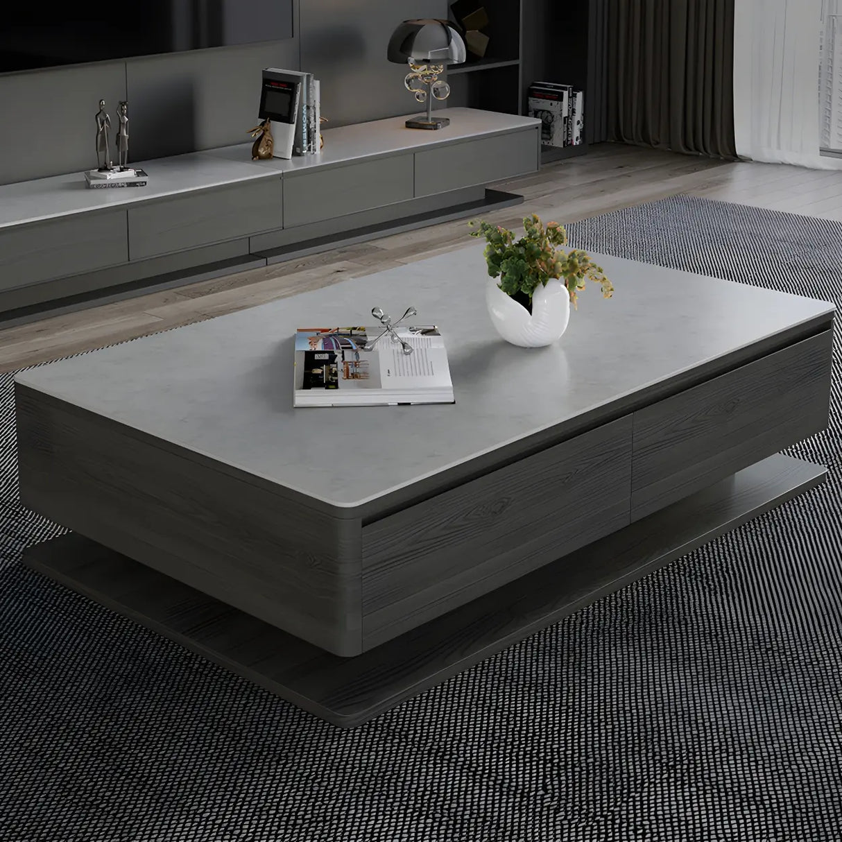 Gray Rectangular Stone Single Coffee Table with Drawers Image - 1