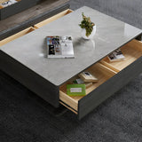 Gray Rectangular Stone Single Coffee Table with Drawers Image - 7