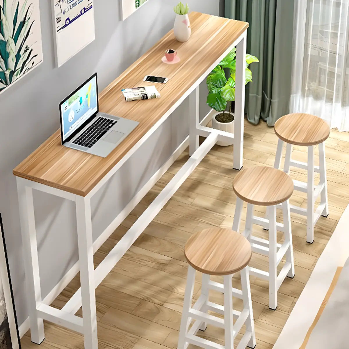 Gray Rectangular Wood Large Bistro Bar Table With Footrest Image - 10