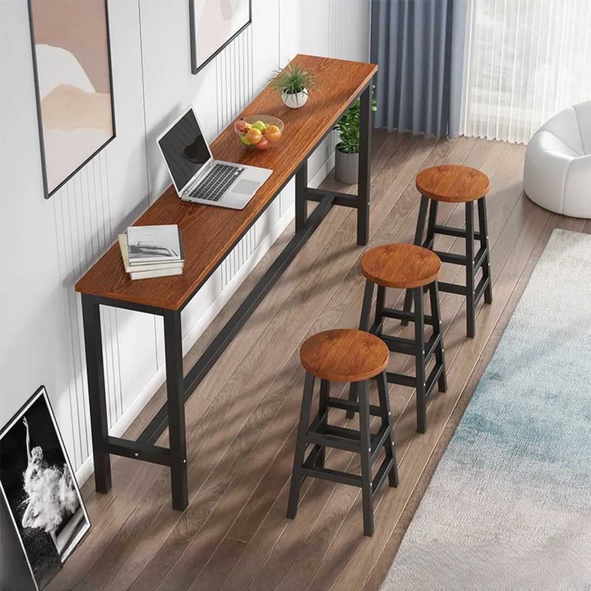 Gray Rectangular Wood Large Bistro Bar Table With Footrest Image - 11