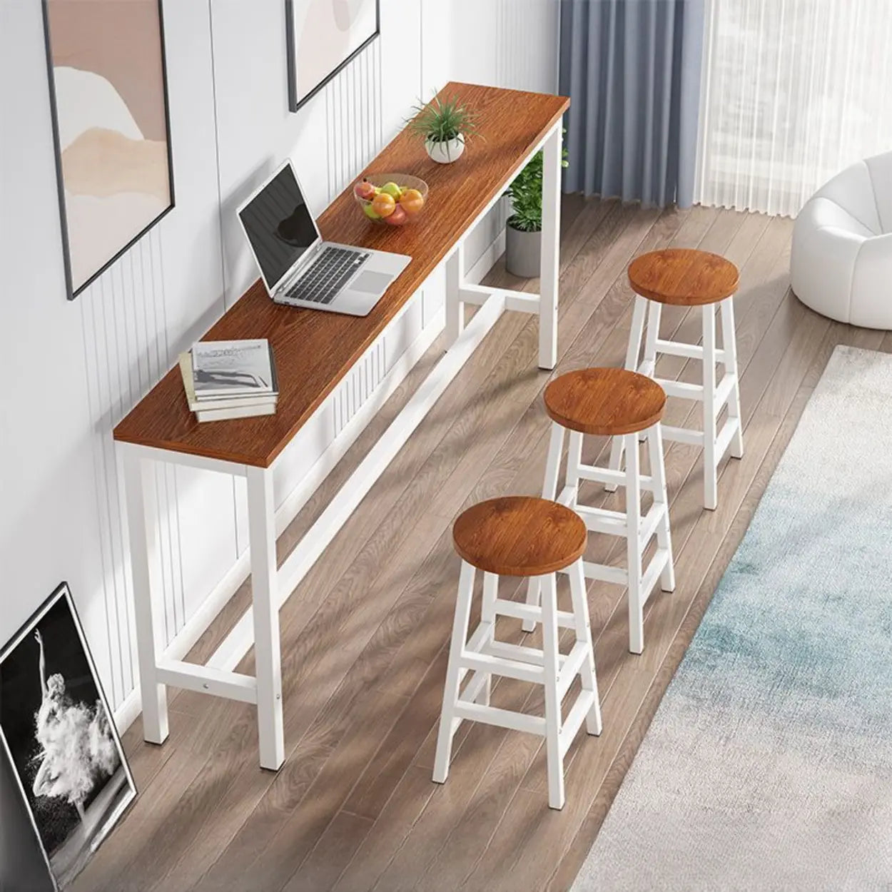 Gray Rectangular Wood Large Bistro Bar Table With Footrest Image - 12