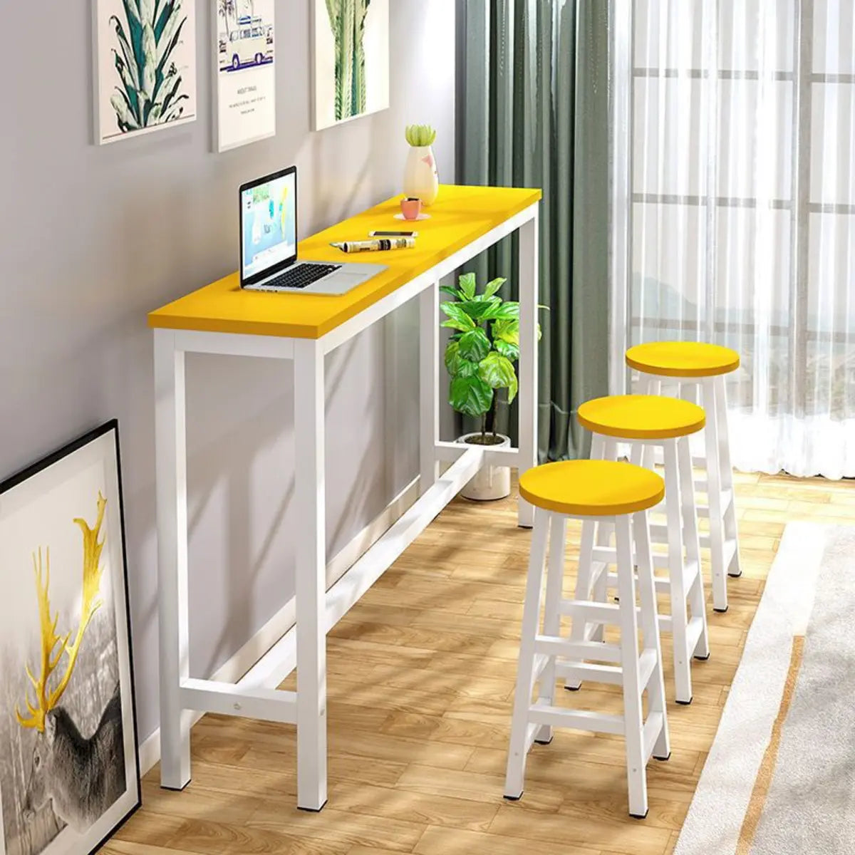 Gray Rectangular Wood Large Bistro Bar Table With Footrest Image - 3